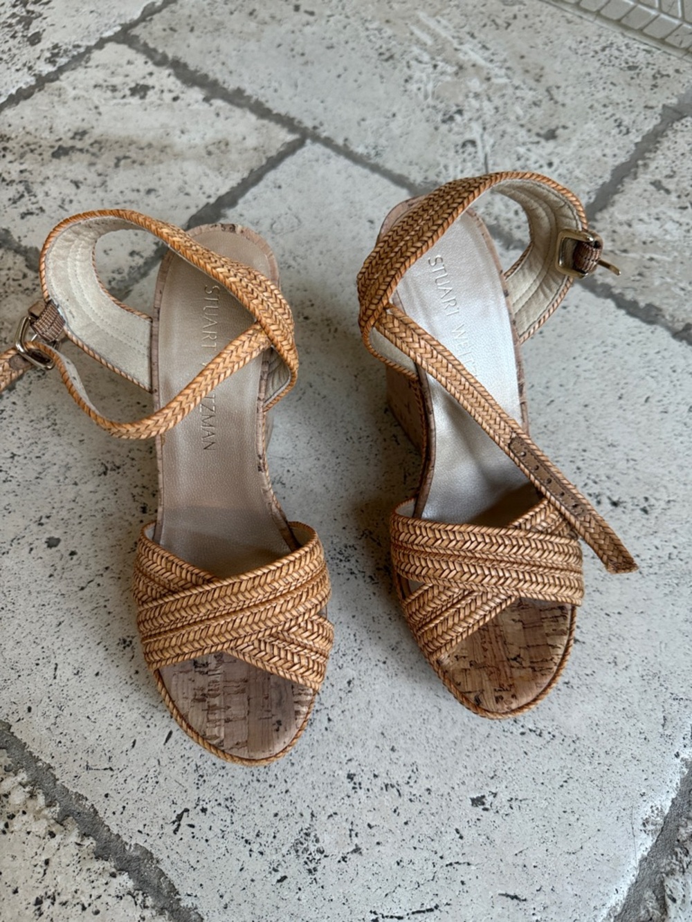 Stuart Weitzman Braided Cork Wedge Sandals in Tan